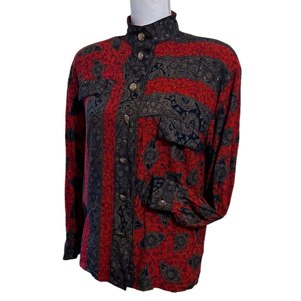 Vintage Oleg Cassini Black and Red Asymetric band collar longsleeve shirt size 6